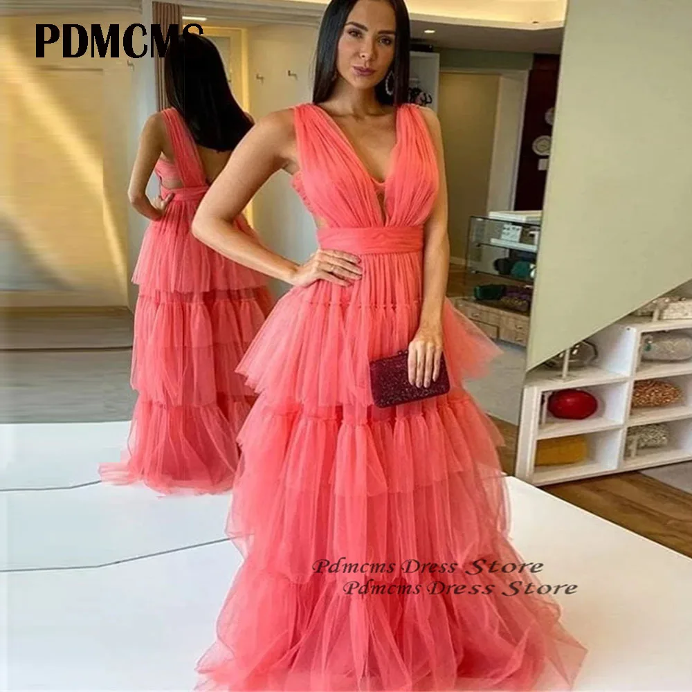 

PDMCMS Tulle A Line Long Party Dresses Vintage Pleat Night Dress V Neck Celebrity Gowns Sleeveless Tiered Vestidos De Fiesta