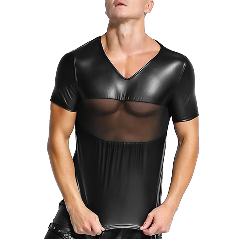 

Мужская футболка, модель осеннего сезона, однотонные Стильные майки из искусственной кожи с коротким рукавом