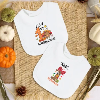 Custom Name 1st Thanksgiving Baby Bib Cute Turkey Pattern Holiday Infant Cotton Bib Fall Thanksgiving Baby Bibs Holiday Gifts 1