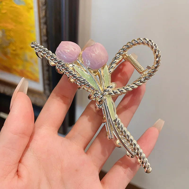 Pince à Cheveux Double Fleur Argent - Améthyste Et Cristal Rose, NY Fashion Accessories