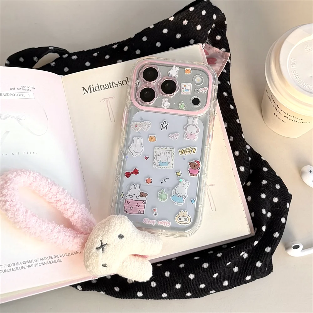 Kawaii Rabbit Clear Cartoon Phone Case with Plush Pendant - Shockproof Cover