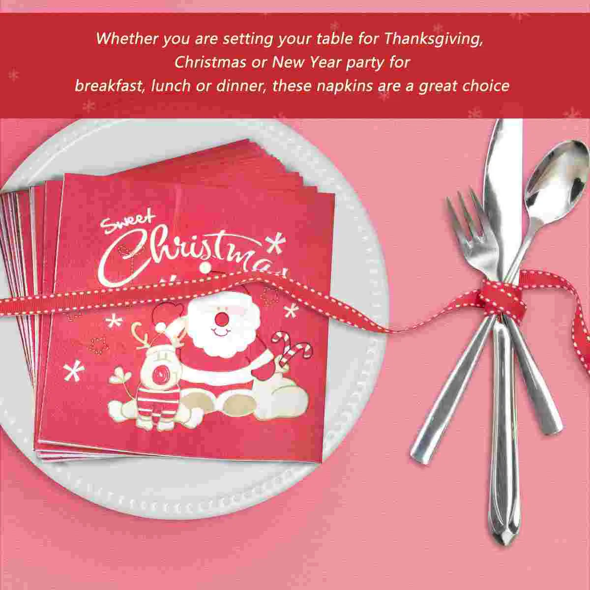 BESTONZON 20PCS Printed Christmas Napkins Santa Claus Pattern Wood Pulp Tissue Dinner Napkins Xmas Party Favors Supplies