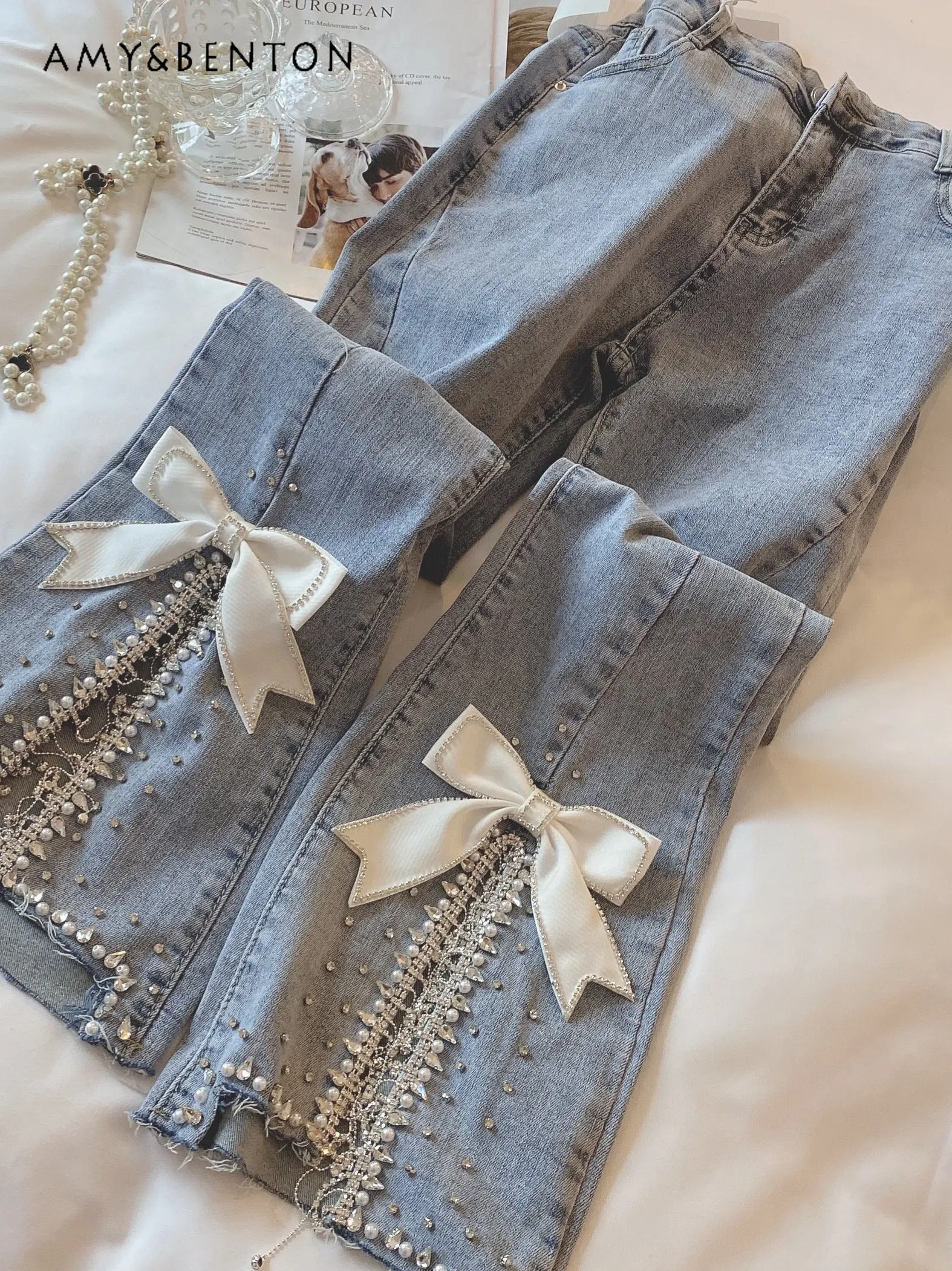 

Осенние тяжелые Промышленные джинсы с завышенной талией и бантом, женские стройнящие темпераментные джинсы, Новые Модные Стильные укороченные брюки для женщин