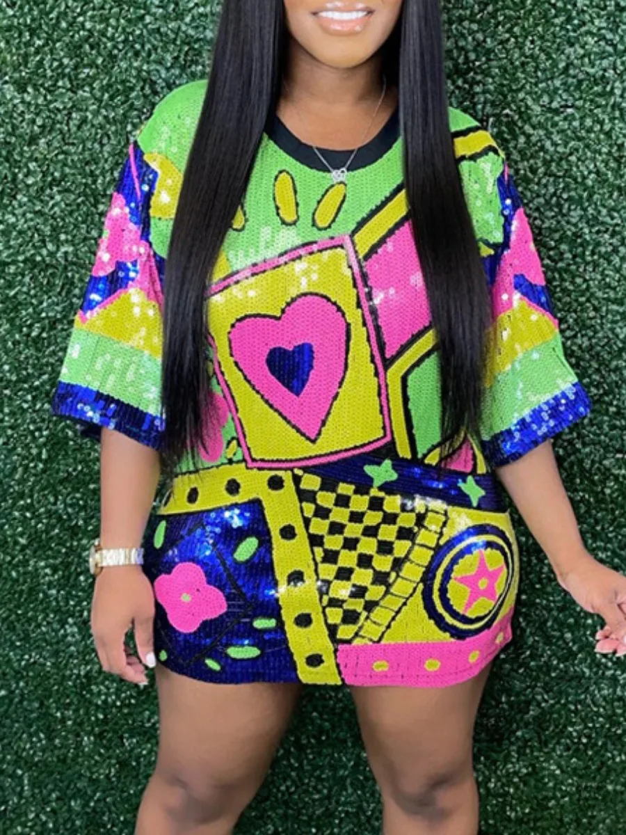 

LW Summer Dress Fashion Heart Plaid Sequin Decor Unique Style Tie-dye Streetwear Halter Vestido Female Clothing T-shirt