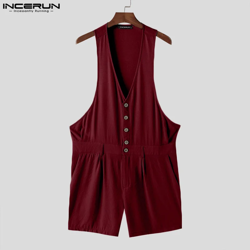 INCERUN Men Rompers Shorts Solid Color V Neck Sleeveless Button Casual Jumpsuits Men Streetwear Summer 2024 Fashion Playsuits 4