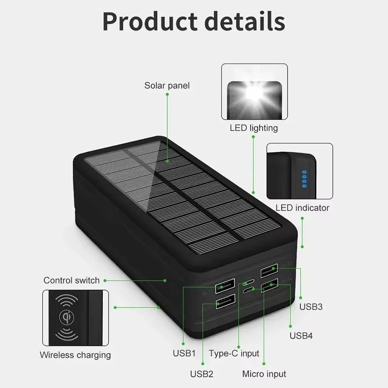 100000mAh 120W Solar Power Bank 4USB Large Capacity External Battery Mobile Phone Wireless Fast Charging Mobile Phone Accessory 6