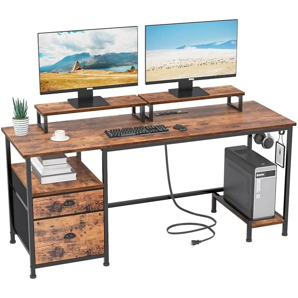 

Desk with Drawer and Power Outlets Large Compter Desk with 2 Movable Monitor Shelf Writing Gaming Table with CPU Stand