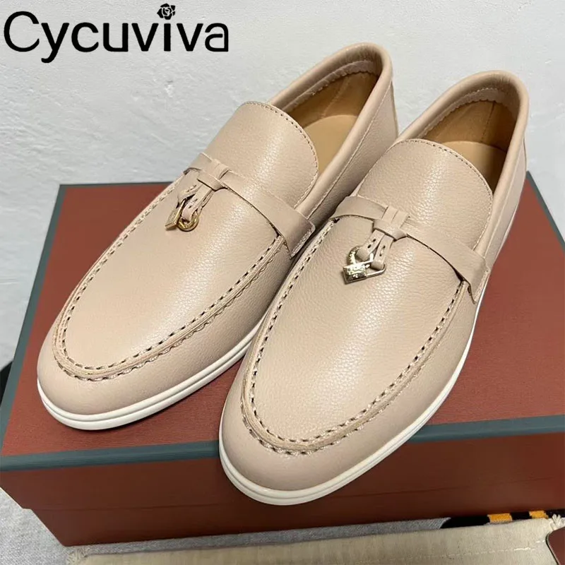 

Hot Sale Leather Flat Loafers Shoes Women Round Toe Metal Lock Tassel Casual Mules Slip On Flat Shoe Summer Walk Shoes For Women
