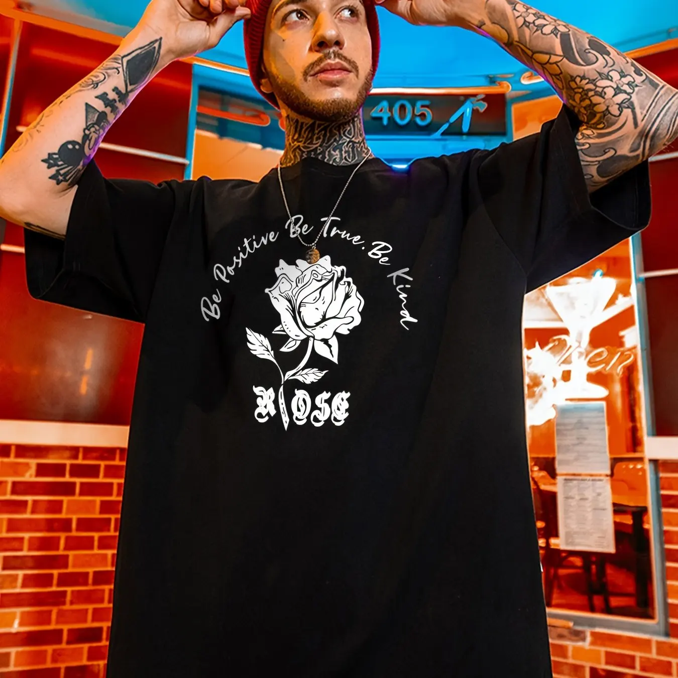 

Men's Cotton T-shirt Summer Micro Stretch Sweatshirt Men's Casual T-shirt Y2K Rose Print Be Positive Be True Men's T-shirt