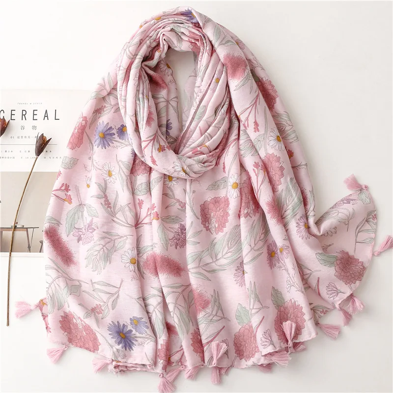 Fashion Women Spring Autumn Viscose Scarf Shawl Small Cherry Floral Tassel Pashmina Stole Wrap Echarpe Foulard Muslim Hijab Caps 3