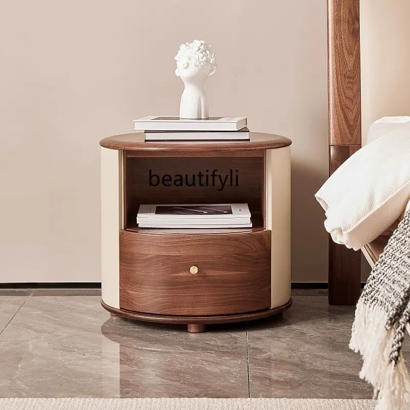 

zqNordic North America Black Walnut Solid Wood Leather round Bedside Table Italian Bedroom Storage Side Cabinet