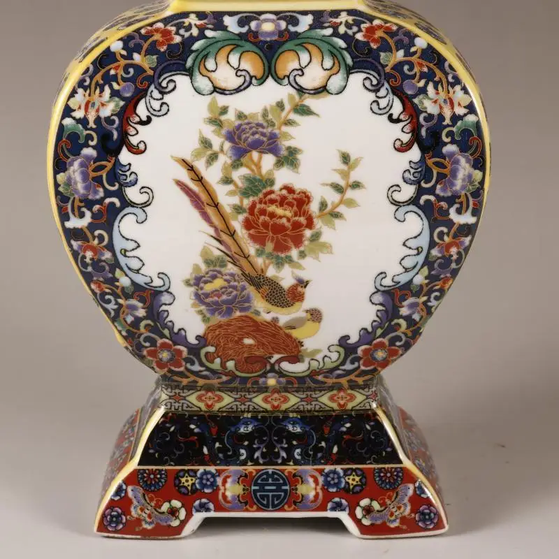 Qing Dynasty Yongzheng Enamel Colored Square Flower Bird Large Belly Flat Vase Appreciation Antique Home Ceramics Ornament ZC804 3