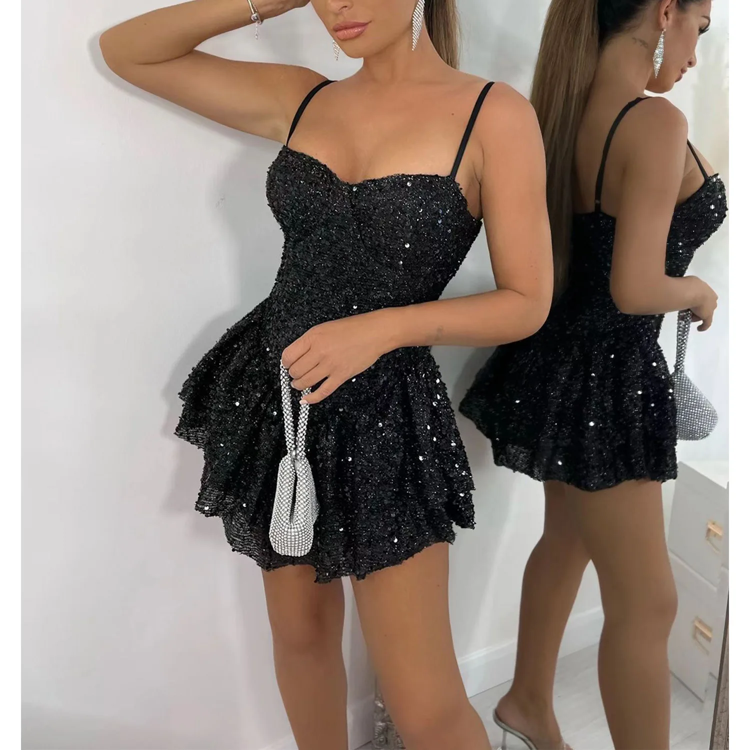 

Sequin Mini Black Dress Sexy Club Wear Party Bodycon Fashion Evening Dresses Women 2023 Summer Elegant Luxury Short Dresses