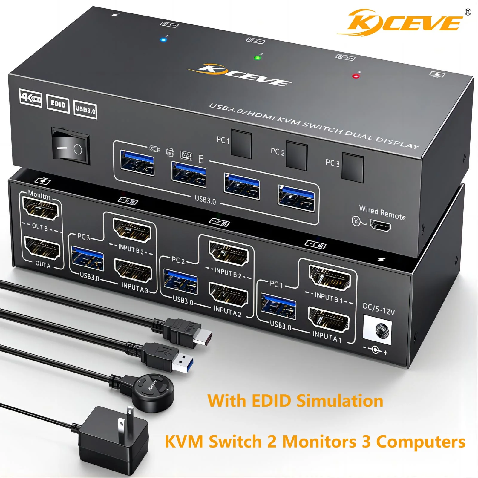 KVM-перемикач подвійного монітора USB 3.0 HDMI KVM-перемикач 2 монітори 3 комп’ютери, емулятор EDID, 4K@60Hz 2K@144Hz з 4 портами USB 3.0