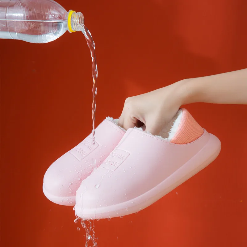 Slippers Home Winter Indoor Warm Shoes Thick Bottom Plush Waterproof Leather House Slippers women and men Cotton Shoes 2023 New