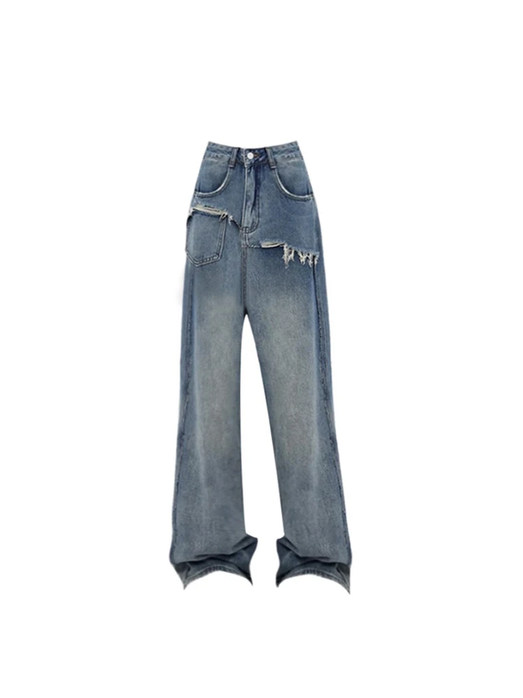 

Women Blue Jeans Straight High Waist Baggy Y2k Wide Leg Patchwork Denim Pants Hip Hop Fashion Streetwear Vintage Clothes Summer