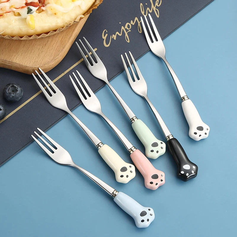 Cute Cartoon Cat Paw Fruit Fork Food Grade Stainless Steel Edges Mirror Polished Portable Tableware Fork For Adults Kids School For fruit fork portable cutlery