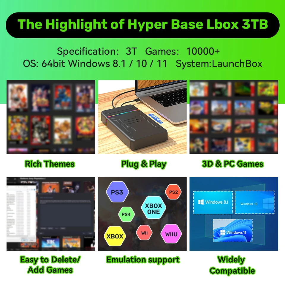 3T Gaming HDD Launchbox OS Retro Game Console for XBOX/PS4