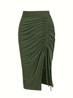 Plus Size 2024 Spring/Summer New  Solid Ruched Drawstring Split Skirt, Casual Bodycon Stretchy Skirt For Spring & Summer, Women - Image 4