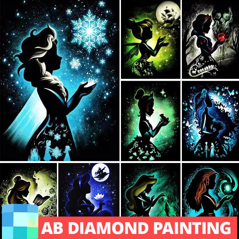 Disney Ab Diamond Painting Princess Characters Full Round Diamond Ricamo Black Silhouette Girl Portrait Wall Art Home Decor