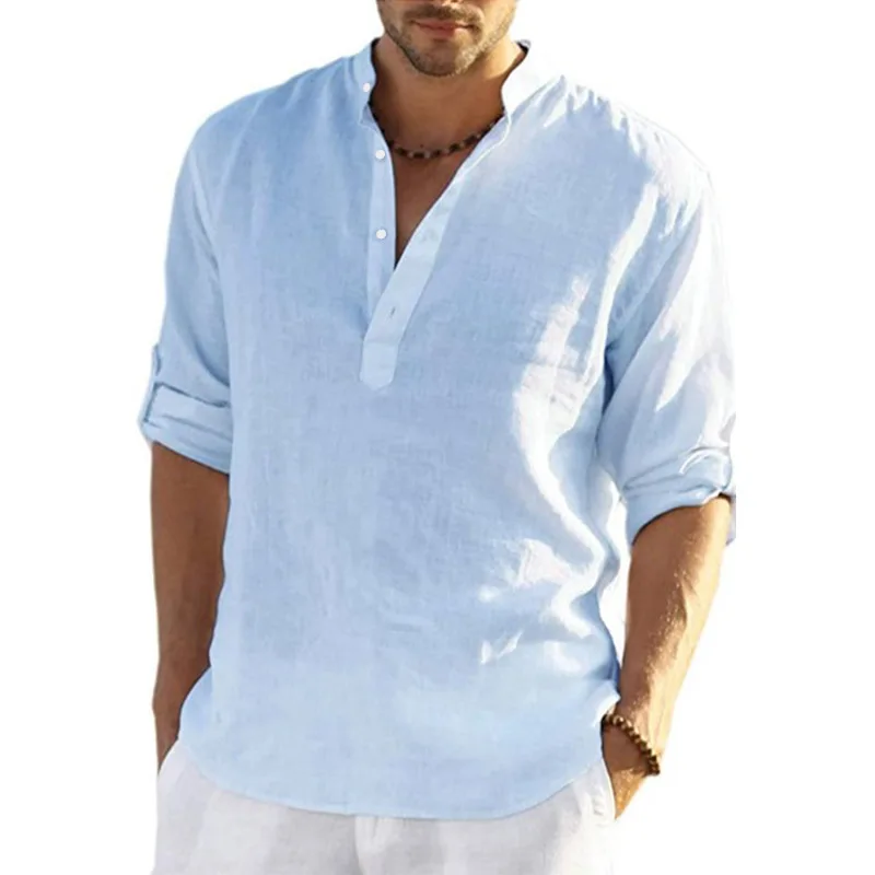 Men's fashion loose shirt men's casual stand collar pure cotton long-sleeved pure color shirt large men's wear chemisiers