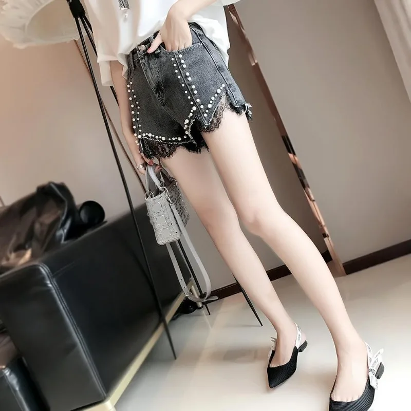 Y2K Womenswear Trends Denim Shorts High Waist Lace Irregular Summer Slim Loose A Word Large Size Slim Hot Pants Zipper Design