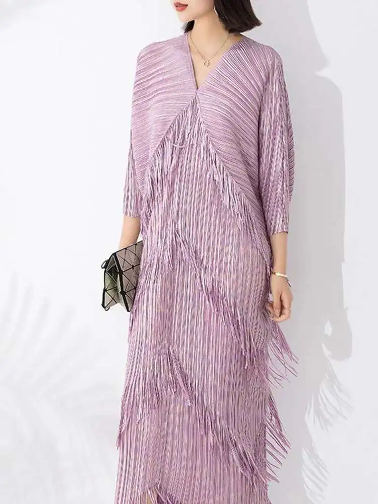 LANMREM High End Pleated Maxi Dress Women V Neck Batwing Sleeves Stitching Color Tassel Elegant Dresses Ladies Clothes 2DA1641 - Image 3