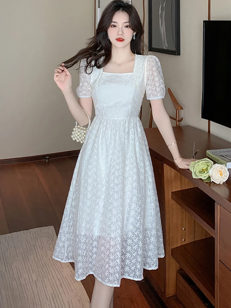 Summer White Jacquard Lace Embroidery Floral Midi Dress