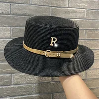 Summer Flat Top Straw Hats for Women New Metal R Letter Fashionable Beach Sun Hat Females Elegant Holidays Boater Hat 5