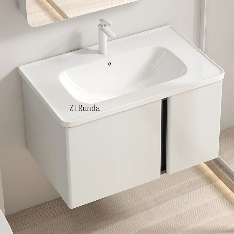 Milk white bathroom cabinet combination stainless steel arc induction lighting ceramic basin