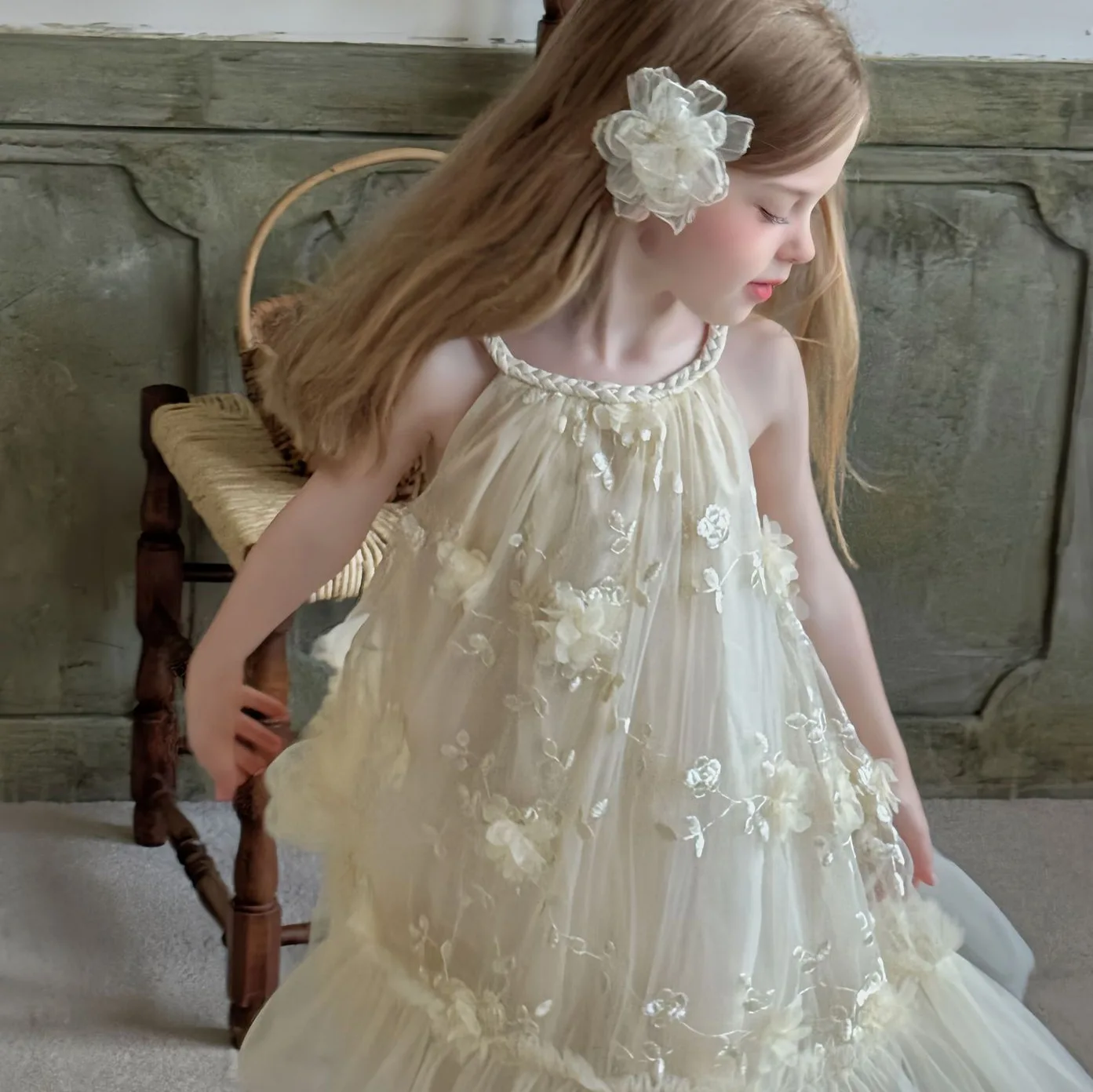 

\\\2024 Summer New Girl's Knitted Hanging Neck Fairy DressGirl's Embroidered Yarn Dress Kids Clothes