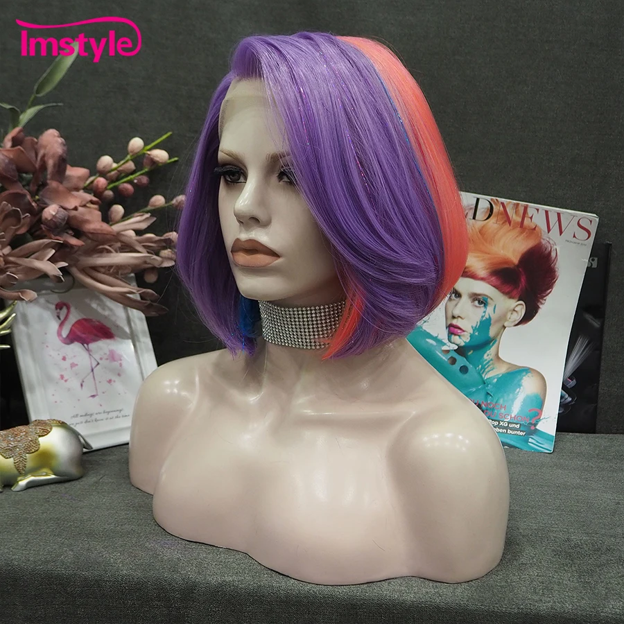 Imstyle Short Bob Wig Colorful Synthetic Lace Front Wig Tinsel Mixed Purple For Women Cosplay Party Heat Resistant Fiber