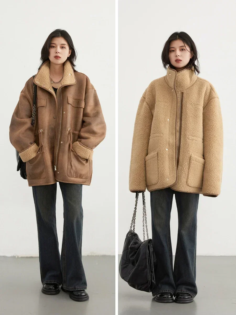 CHIC VEN Women's Jackets Thick Warm Solid Suede Reversible Jacket Motorcycle Outer Coat Loose Female Overcoat Winter Autumn 2023 3
