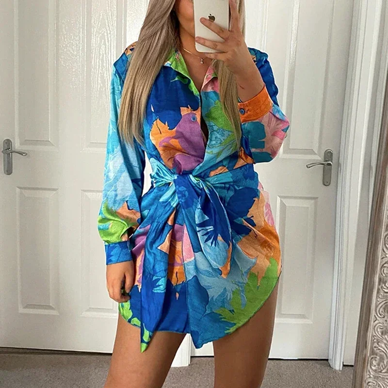 Summer Floral Print Long Sleeve Mini Shirt Dress Women Sexy