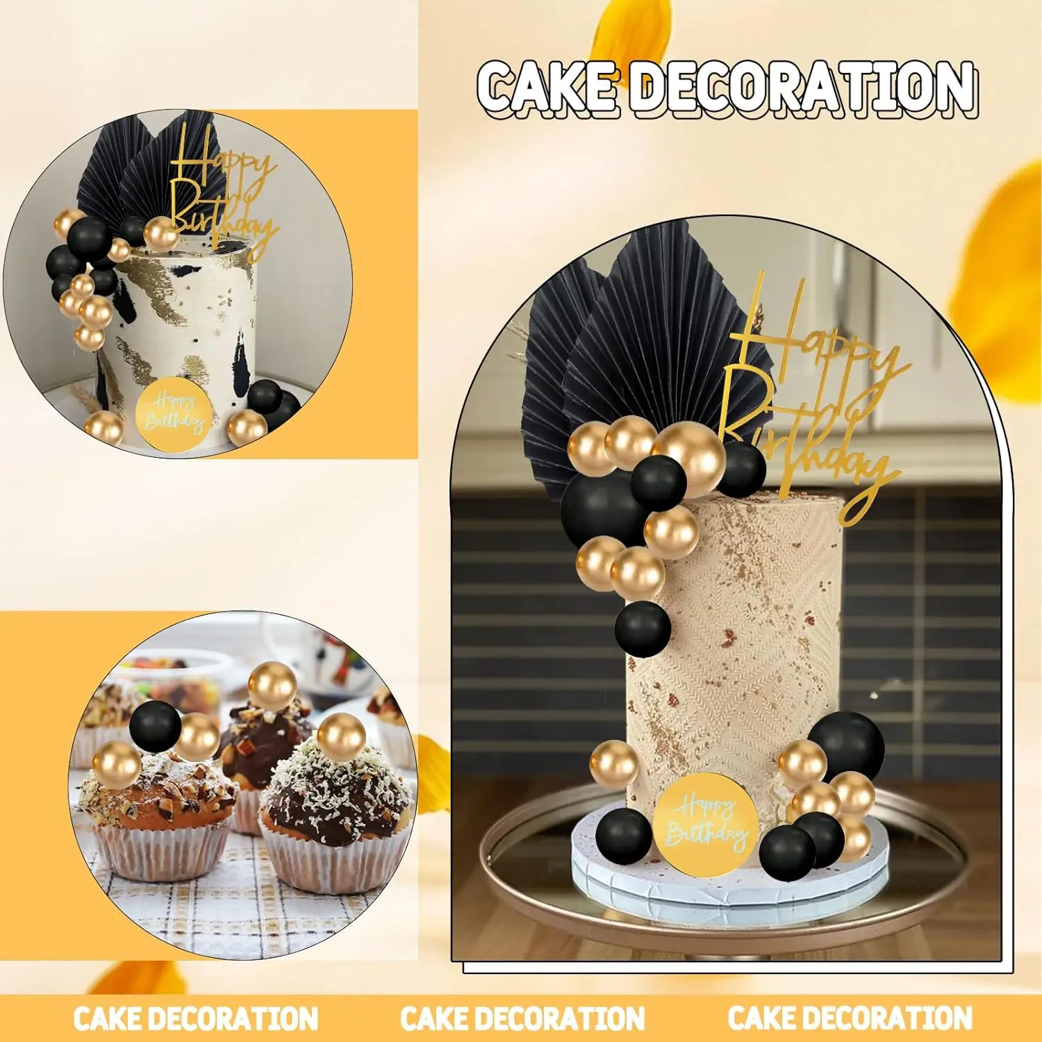 27 Pièces Décorations De Gâteau Bohèmes Boules Noires Et Dorées