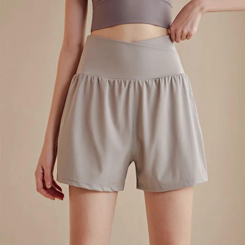 Fake 2-piece Sports Women With Pockets Anti-Shine Quick Dry High Waisted Fitness Yoga Pants Training Running Shorts Gym