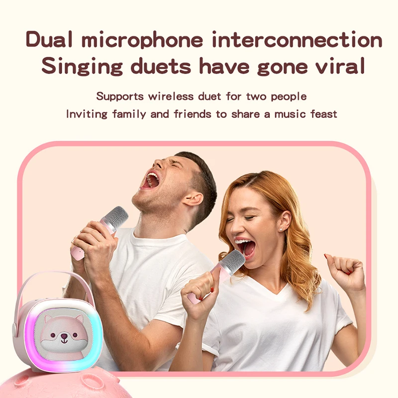 TANALAZ K25 Microphone Sound All-in-One Wireless Bluetooth Home KTV Full Frequency Loud Speaker Cherry Pink [Dual Mic]