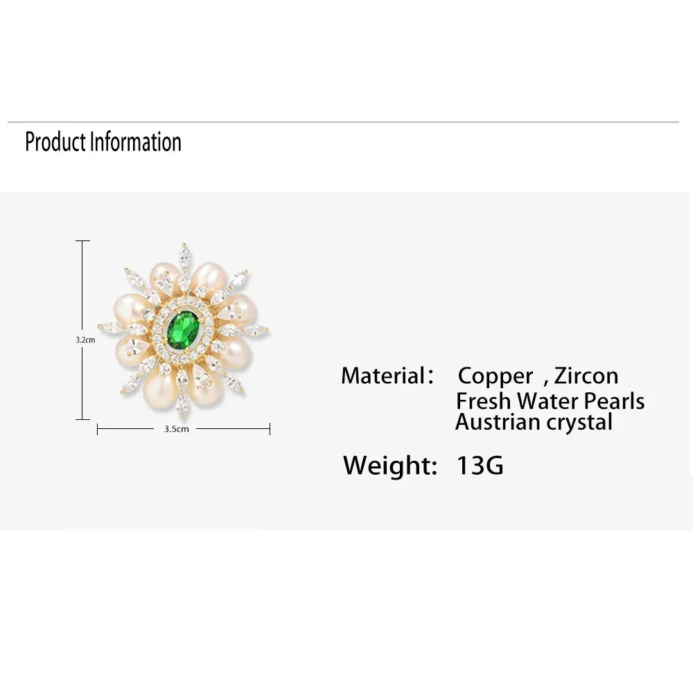 Emerald Crystal Sunflower Pearl Brooch Pins Charm Inlaid Rhinestone Brooches for Women Luxury Design Jewelry Wedding Gifts