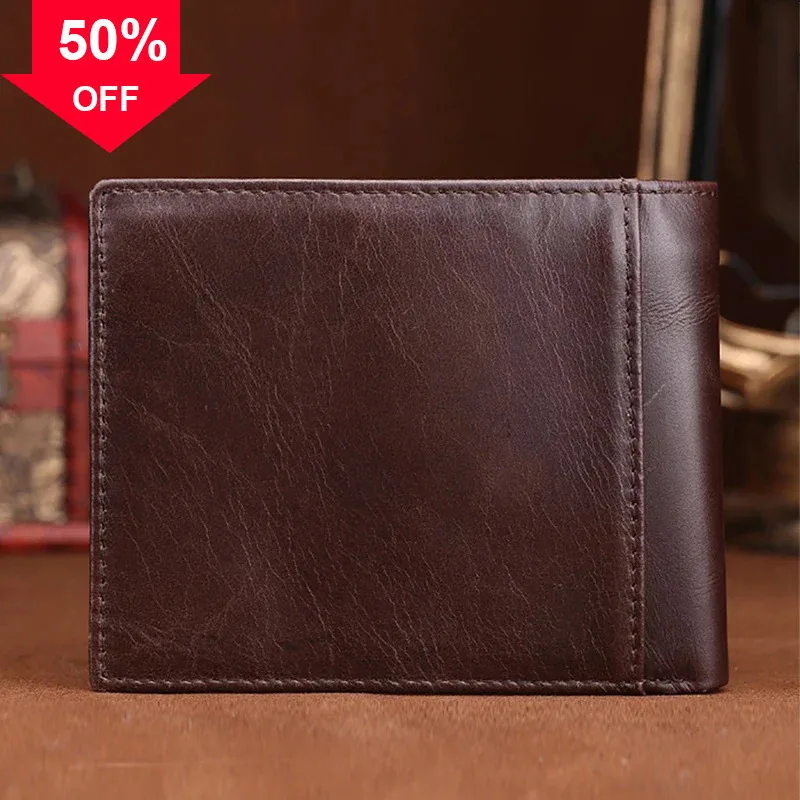 Oil Wax Cowhide Purse Wallets For Women & Men Vintage Famous Brand Pocket ID Cards Holder Coin Genuine Leather Short Wallet