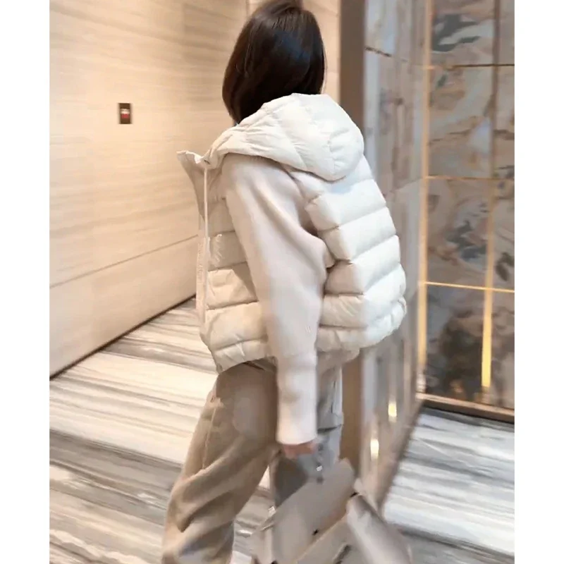 2024 Winter Fashion Female Clothes Fashion Jacket for Women Knitted Long Sleeve Patchwork Hooded Down Coats Zipper Fly Outerwear