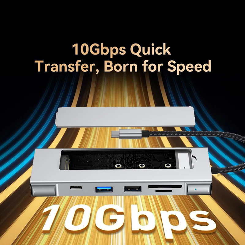 ? KEBIDUMEI 9-in-1 M.2 SSD 허브 USB C 도킹 스테이션(디스크 저장 기능 포함) SSD 인클로저 RJ45 HDTV 4K60Hz USB3.2 10Gbps 허브