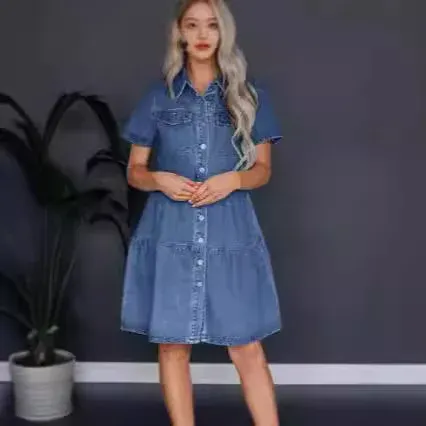 2024 Summer Casual Women's Denim Dress Short Sleeves Lapel Amazon Independent Station Cross-border European American Style
