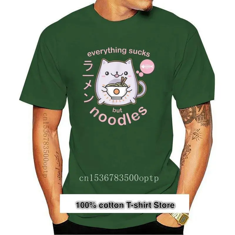 Camiseta de Anime Kawaii para hombre, color negro, Pastel, gótico, Ramen, Noodle, gato, nueva