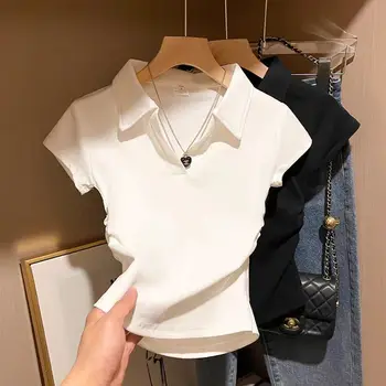 Cotton Summer Sexy Women's T Shirt Skinny Slim Basic Solid Crop Top Short Sleeve Polo TShirtCasual Top Tee for Women 1