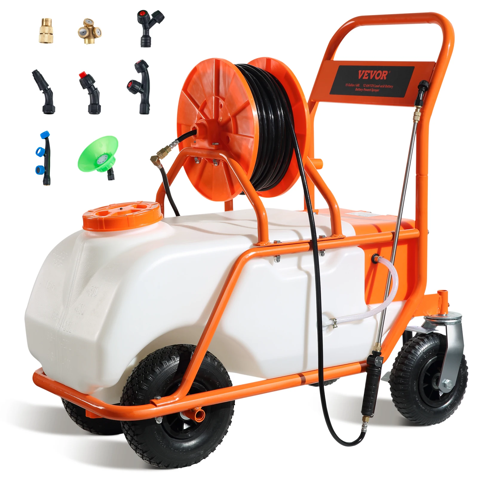 SucceBuy batteriebetriebenes 15-Gal-Garten-Unkrautsprüher mit Rädern, Wagen, 126 Fuß Schlauch mit Rolle, 8 Düsen, 2 Zauberstäbe mit Schloss für Ernte