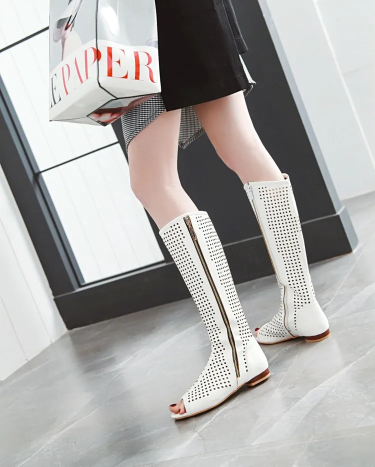 NASBAVI Fashion Women Flats Knee High Summer Boots Peep Toe Square Heels Fretwork Party Shoes Retro Rome Sexy Ladies Footwear