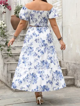 Elegant Plus Size Outfit Floral Print V-Neck Top with Short Sleeves and Elastic Waist Long Skirt - 2 Piece Set for Women 3