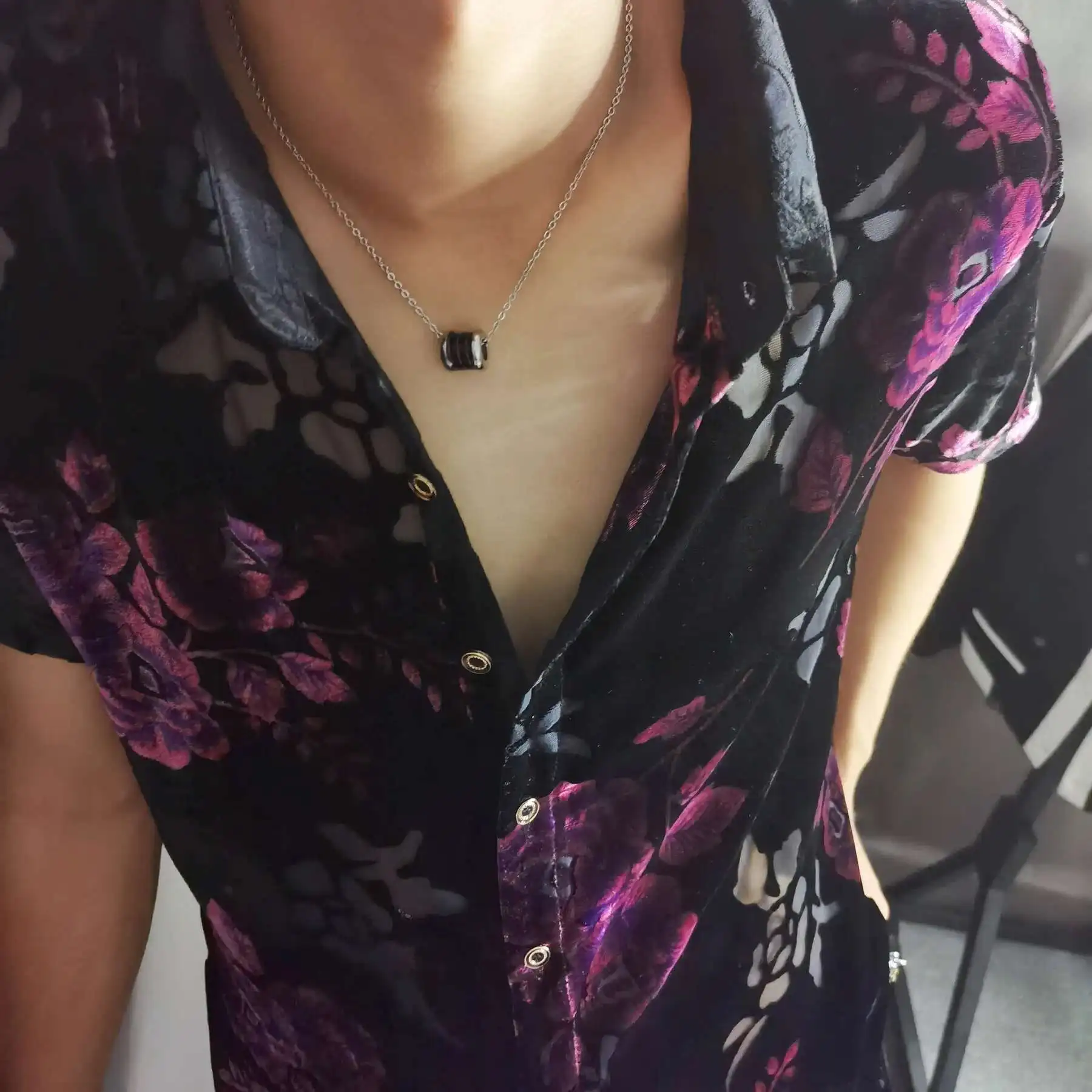 Fashion Transparent Floral Shirt Masculine Velvet Slim-fit Shirt Mens Short-sleeved Clothing See-through Nightclub Purple