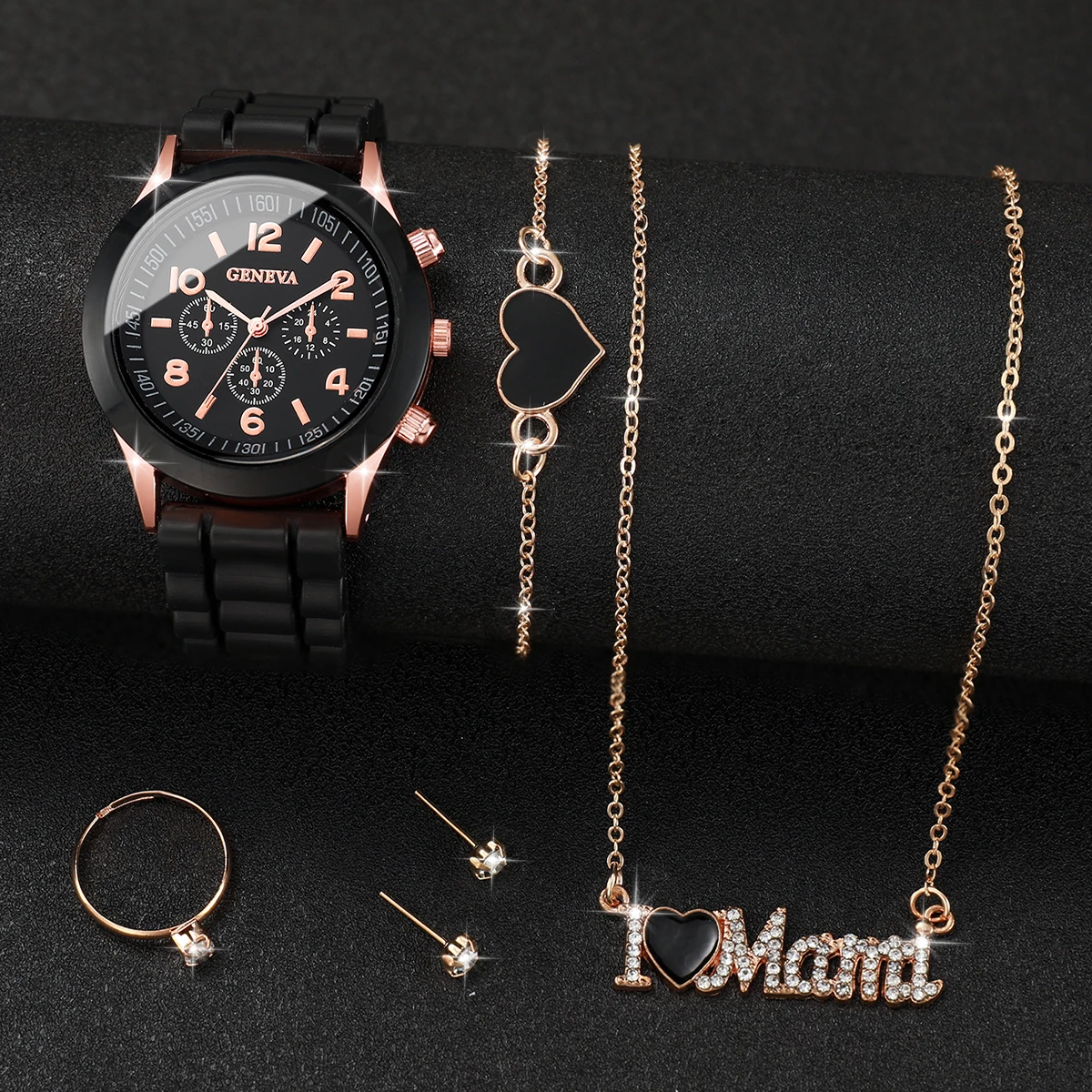 Women Fashion Silicone Band Quartz Watch with I Love MOM Jewelry Set