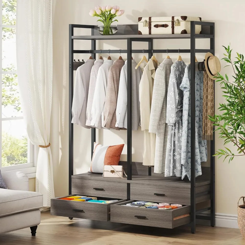 

Freestanding Closet Organizer, Heavy Duty Garment Rack with 4 Drawers, 8 Hooks and Storage Shelves, Wardrobe Rack for Bedroom